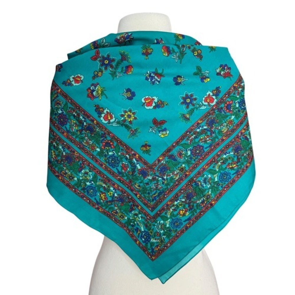 Forenza Made in Italy Teal Floral 30" Square Scarf Boho New York Style Funky